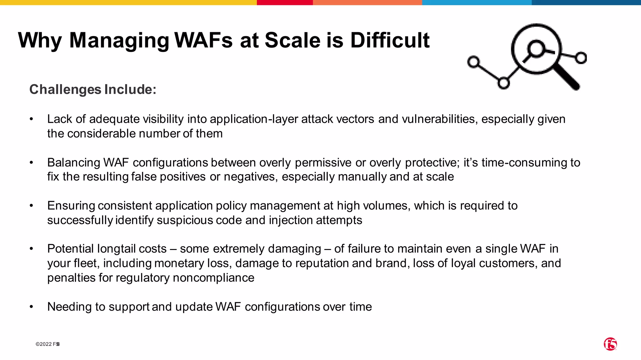 ©2022 F5
8
Why Managing WAFs at Scale is Difficult
Challenges Include:
• Lack of adequate visibility into application-layer attack vectors and vulnerabilities, especially given
the considerable number of them
• Balancing WAF configurations between overly permissive or overly protective; it’s time-consuming to
fix the resulting false positives or negatives, especially manually and at scale
• Ensuring consistent application policy management at high volumes, which is required to
successfully identify suspicious code and injection attempts
• Potential longtail costs – some extremely damaging – of failure to maintain even a single WAF in
your fleet, including monetary loss, damage to reputation and brand, loss of loyal customers, and
penalties for regulatory noncompliance
• Needing to support and update WAF configurations over time
 