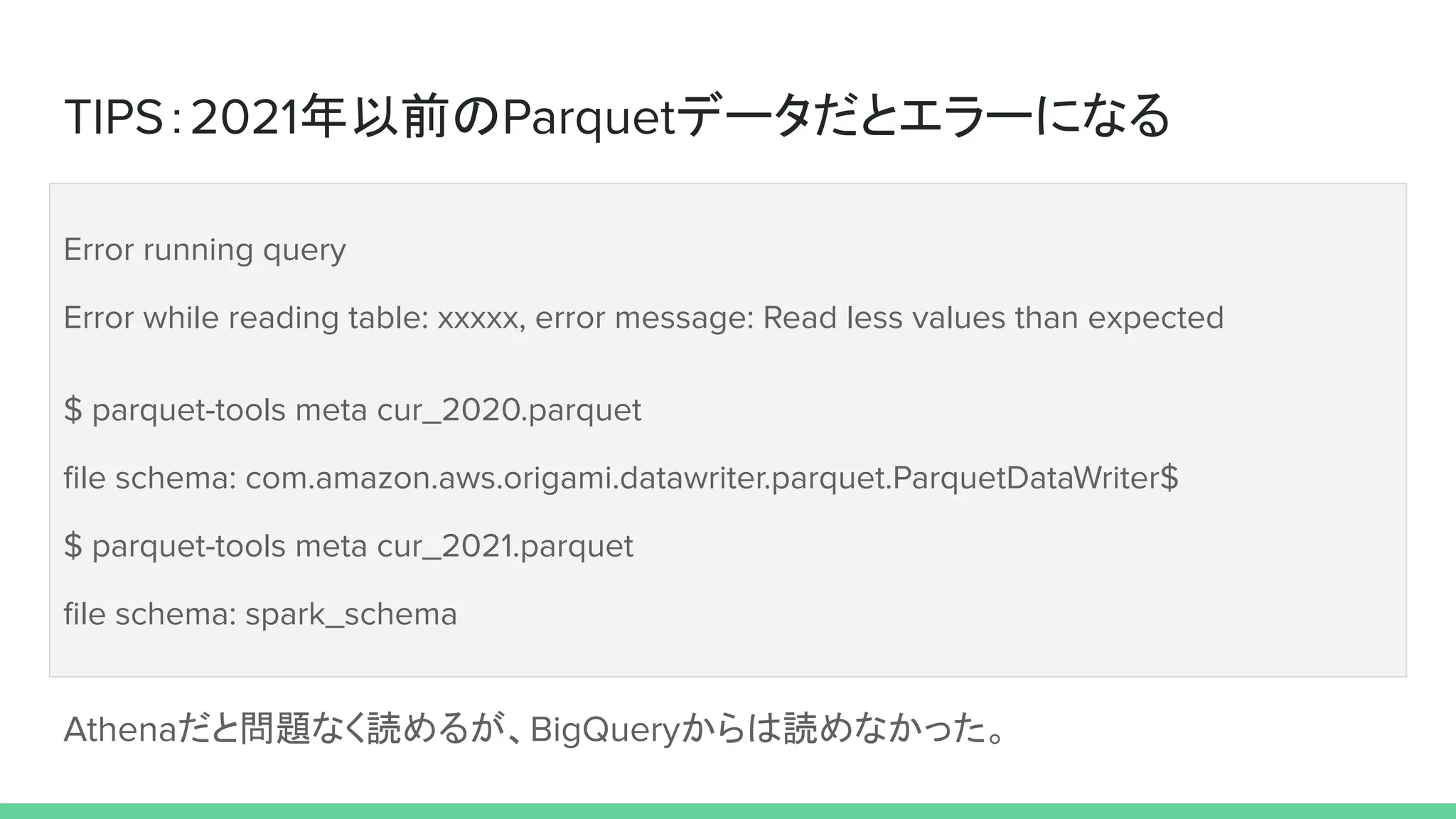 TIPS：2021年以前のParquetデータだとエラーになる
Error running query
Error while reading table: xxxxx, error message: Read less values than expected
$ parquet-tools meta cur_2020.parquet
ﬁle schema: com.amazon.aws.origami.datawriter.parquet.ParquetDataWriter$
$ parquet-tools meta cur_2021.parquet
ﬁle schema: spark_schema
Athenaだと問題なく読めるが、BigQueryからは読めなかった。
 