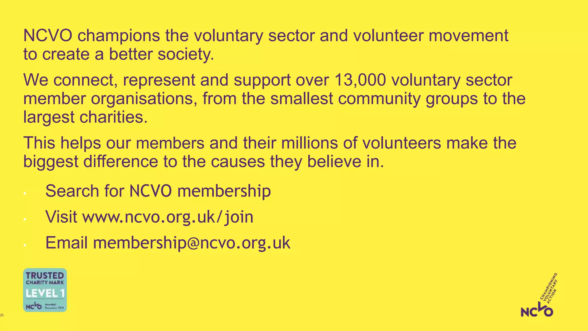 NCVO champions the voluntary sector and volunteer movement
to create a better society.
We connect, represent and support over 13,000 voluntary sector
member organisations, from the smallest community groups to the
largest charities.
This helps our members and their millions of volunteers make the
biggest difference to the causes they believe in.
• Search for NCVO membership
• Visit www.ncvo.org.uk/join
• Email membership@ncvo.org.uk
25
 