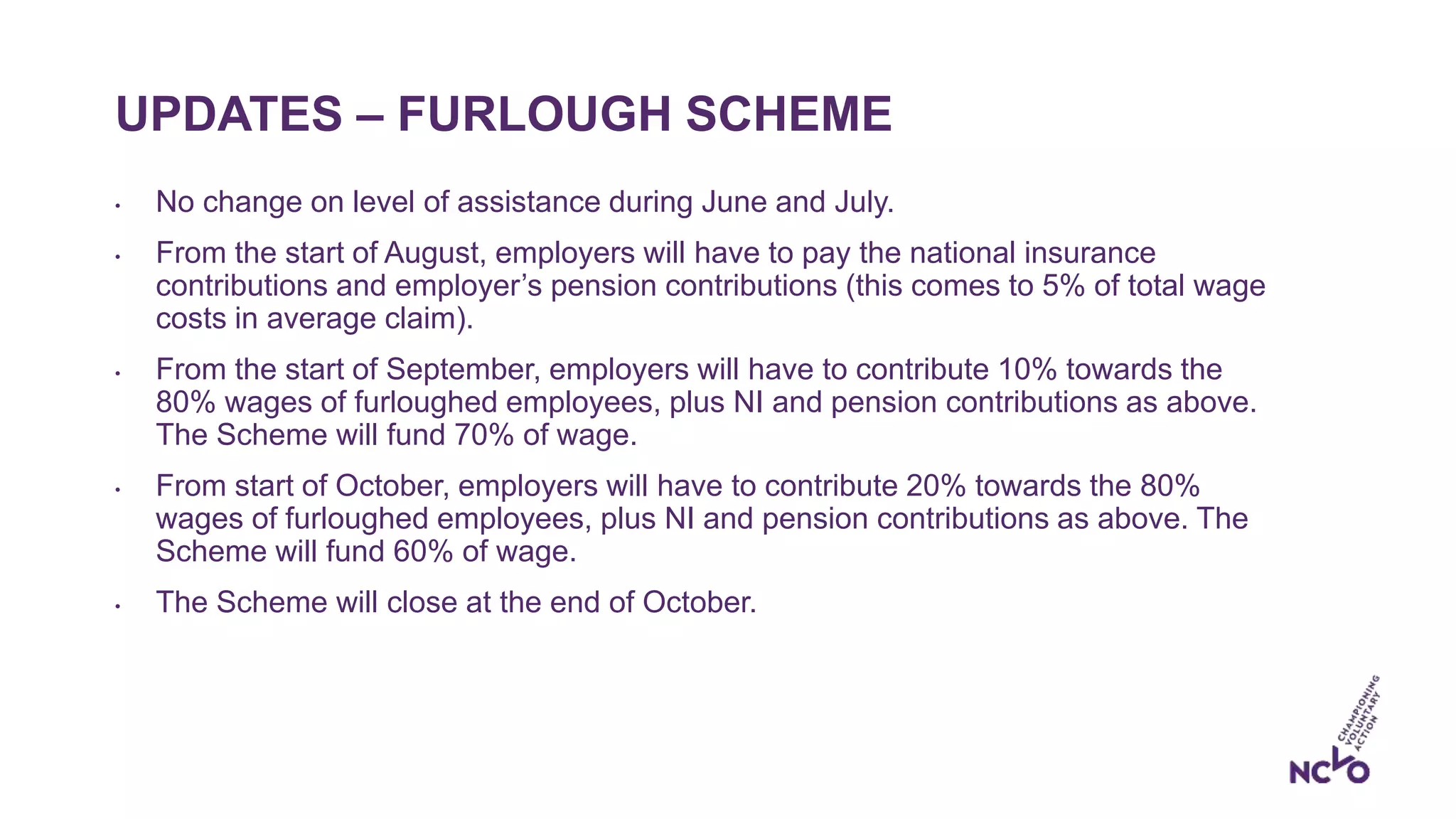 UPDATES – FURLOUGH SCHEME
• No change on level of assistance during June and July.
• From the start of August, employers will have to pay the national insurance
contributions and employer’s pension contributions (this comes to 5% of total wage
costs in average claim).
• From the start of September, employers will have to contribute 10% towards the
80% wages of furloughed employees, plus NI and pension contributions as above.
The Scheme will fund 70% of wage.
• From start of October, employers will have to contribute 20% towards the 80%
wages of furloughed employees, plus NI and pension contributions as above. The
Scheme will fund 60% of wage.
• The Scheme will close at the end of October.
 