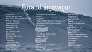 Förändringsåǰ
3D-printing
Användarna gör jobbet
Användning först, därefter intjäning
Artificiell Intelligens
Augmented Reality
Automatisering
Batteriutveckling
Beacons
Big data/dataanalys
Blockkedjan
Bring Your Own Device
Click to pay
Co-creation
Content marketing
Crowdfunding
Delningsekonomi
Digital workplace
Distribuerade organisationer
Drönare
Ekosystem
Från produkt/funktion till kundupplevelse
Förändrat kundbeteende/kundresan
Gamification
Internet of Things
Internetsäkerhet
Kryptovalutor
Löpande innovationsprocess
Meddelandeappar
Mobilitet - Mobilt
Molntjänster
Notiser
Objectives and Key Results
Omni-channel
On demand leveranser
Personifiering
Positionering
Quantified self
Realtid
Responsiv design (även
fysisk)
Self service
Social by design
Socialt sök
Strategi, organisation och
innovation smälter samman
Virtual Reality
Wearables
Öppen data
Öppen innovation
 