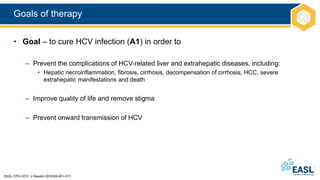 Goals of therapy
EASL CPG HCV. J Hepatol 2018;69:461–511.
• Goal – to cure HCV infection (A1) in order to
– Prevent the complications of HCV-related liver and extrahepatic diseases, including:
• Hepatic necroinflammation, fibrosis, cirrhosis, decompensation of cirrhosis, HCC, severe
extrahepatic manifestations and death
– Improve quality of life and remove stigma
– Prevent onward transmission of HCV
 