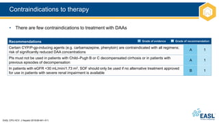 Contraindications to therapy
EASL CPG HCV. J Hepatol 2018;69:461–511.
• There are few contraindications to treatment with DAAs
Recommendations
Certain CYP/P-gp-inducing agents (e.g. carbamazepine, phenytoin) are contraindicated with all regimens;
risk of significantly reduced DAA concentrations
A 1
PIs must not be used in patients with Child–Pugh B or C decompensated cirrhosis or in patients with
previous episodes of decompensation
A 1
In patients with eGFR <30 mL/min/1.73 m2, SOF should only be used if no alternative treatment approved
for use in patients with severe renal impairment is available
B 1
Grade of evidence Grade of recommendation
 