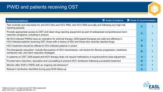 PWID and patients receiving OST
*Ideally bi-annual or at least annual HCV RNA assessment
EASL CPG HCV. J Hepatol 2018;69:461–511.
Recommendations
Test routinely and voluntarily for anti-HCV Abs and HCV RNA; test HCV RNA annually and following any high-risk
injecting episode
A 1
Provide appropriate access to OST and clean drug injecting equipment as part of widespread comprehensive harm
reduction programs, including in prisons
A 1
All HCV-infected PWIDs have an indication for antiviral therapy; DAA-based therapies are safe and effective in
HCV-infected patients receiving OST, those with a history of IDU and those who recently injected drugs
A 1
HCV treatment should be offered to HCV-infected patients in prison B 1
Pre-therapeutic education: include discussions of HCV transmission, risk factors for fibrosis progression, treatment,
reinfection risk, and harm reduction strategies
B 1
In patients on OST, DAA-based anti-HCV therapy does not require methadone or buprenorphine dose adjustment A 1
Provide harm reduction, education and counselling to prevent HCV reinfection following successful treatment B 1
Monitor after SVR in PWID with an ongoing risk behaviour* A 1
Retreat if reinfection identified during post-SVR follow-up A 1
Grade of evidence Grade of recommendation
 