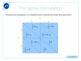 The game formulation
Given previous assumptions, it is straightforward to construct the normal form game below:

 