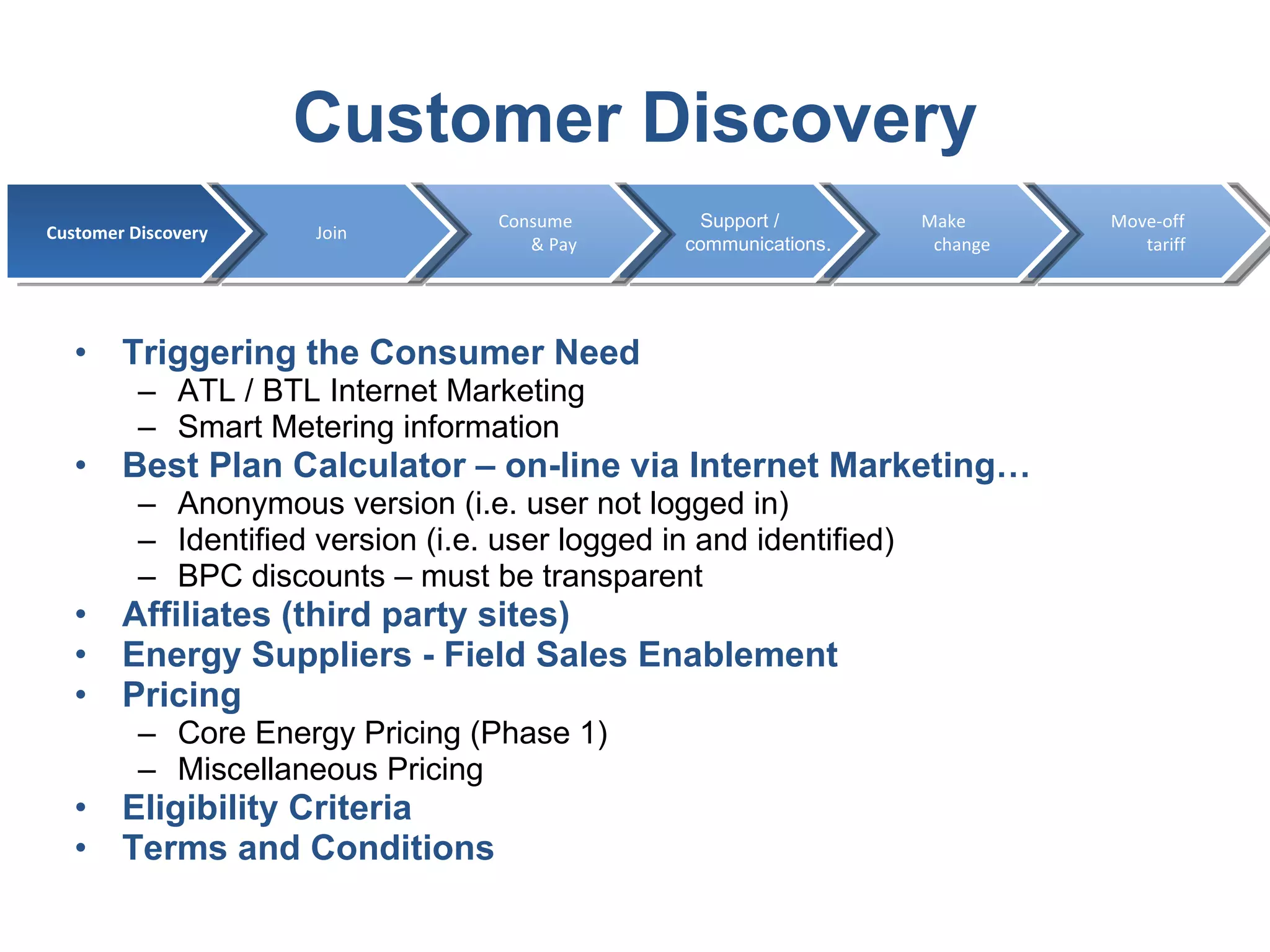 Customer Discovery Triggering the Consumer Need ATL / BTL Internet Marketing  Smart Metering information Best Plan Calculator – on-line via Internet Marketing…  Anonymous version (i.e. user not logged in) Identified version (i.e. user logged in and identified) BPC discounts – must be transparent Affiliates (third party sites) Energy Suppliers - Field Sales Enablement   Pricing Core Energy Pricing (Phase 1) Miscellaneous Pricing Eligibility Criteria Terms and Conditions Move-off tariff Make change Support / communications. Consume & Pay Join Customer Discovery 