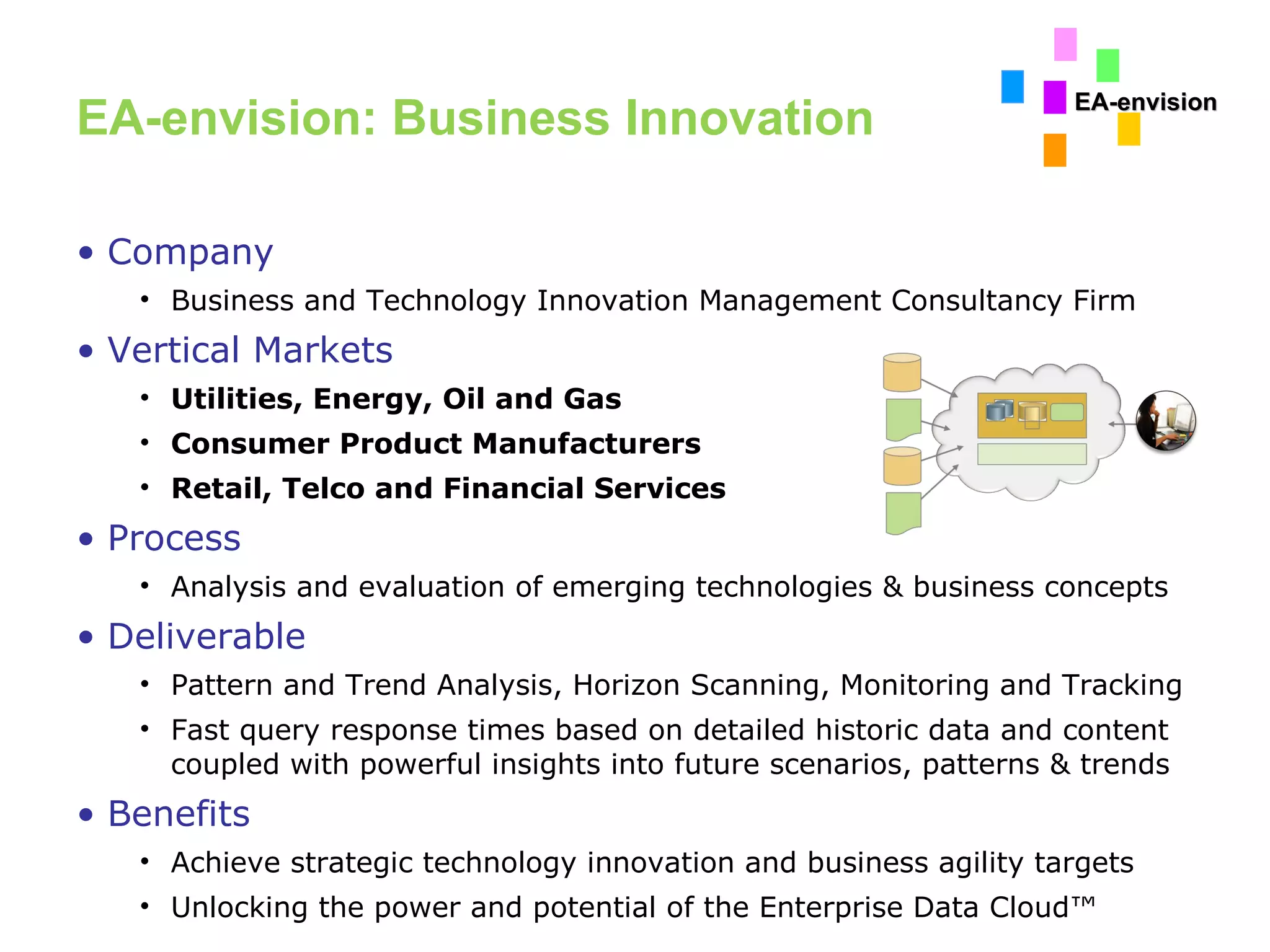 EA-envision: Business Innovation Company Business and Technology Innovation Management  Consultancy Firm Vertical Markets Utilities, Energy, Oil and Gas Consumer Product Manufacturers Retail, Telco and Financial Services Process Analysis and evaluation of emerging technologies & business concepts Deliverable Pattern and Trend Analysis, Horizon Scanning, Monitoring and Tracking Fast query response times based on detailed historic data and content  coupled with p owerful insigh ts into future scenarios, patterns & trends Benefits Achieve strategic technology innovation and business agility targets Unlocking the power and potential of the  Enterprise Data Cloud™  EA-envision 