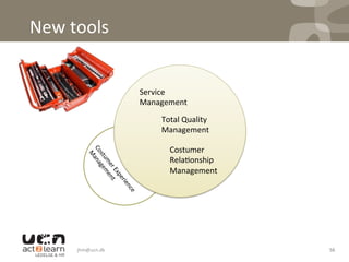 New	
  tools	
  	
  
jhm@ucn.dk	
   56	
  
Service	
  
Management	
  
Total	
  Quality	
  
Management	
  
Costumer	
  
Rela0onship	
  	
  
Management	
  	
  	
  
 