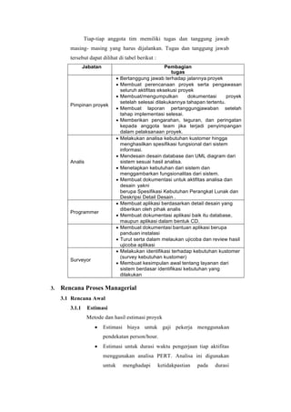 Tiap-tiap anggota tim memiliki tugas dan tanggung jawab
masing- masing yang harus dijalankan. Tugas dan tanggung jawab
tersebut dapat dilihat di tabel berikut :
Jabatan Pembagian
tugas
Pimpinan proyek
• Bertanggung jawab terhadap jalannya proyek
• Membuat perencanaan proyek serta pengawasan
seluruh aktifitas eksekusi proyek
• Membuat/mengumpulkan dokumentasi proyek
setelah selesai dilakukannya tahapan tertentu.
• Membuat laporan pertanggungjawaban setelah
tahap implementasi selesai.
• Memberikan pengarahan, teguran, dan peringatan
kepada anggota team jika terjadi penyimpangan
dalam pelaksanaan proyek.
Analis
• Melakukan analisa kebutuhan kustomer hingga
menghasilkan spesifikasi fungsional dari sistem
informasi.
• Mendesain desain database dan UML diagram dari
sistem sesuai hasil analisa.
• Menetapkan kebutuhan dari sistem dan
menggambarkan fungsionalitas dari sistem.
• Membuat dokumentasi untuk aktifitas analisa dan
desain yakni
berupa Spesifikasi Kebutuhan Perangkat Lunak dan
Deskripsi Detail Desain .
Programmer
• Membuat aplikasi berdasarkan detail desain yang
diberikan oleh pihak analis
• Membuat dokumentasi aplikasi baik itu database,
maupun aplikasi dalam bentuk CD.
• Membuat dokumentasi bantuan aplikasi berupa
panduan instalasi
• Turut serta dalam melaukan ujicoba dan review hasil
ujicoba aplikasi
Surveyor
• Melakukan identifikasi terhadap kebutuhan kustomer
(survey kebutuhan kustomer)
• Membuat kesimpulan awal tentang layanan dari
sistem berdasar identifikasi kebutuhan yang
dilakukan
3. Rencana Proses Managerial
3.1 Rencana Awal
3.1.1 Estimasi
Metode dan hasil estimasi proyek
• Estimasi biaya untuk gaji pekerja menggunakan
pendekatan person/hour.
• Estimasi untuk durasi waktu pengerjaan tiap aktifitas
menggunakan analisa PERT. Analisa ini digunakan
untuk menghadapi ketidakpastian pada durasi
 
