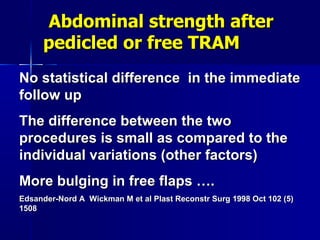 Abdominal strength after pedicled or free TRAM No   statistical difference  in the immediate follow up  The difference between the two procedures is small as compared to the individual variations (other factors) More bulging in free flaps …. Edsander-Nord A  Wickman M et al Plast Reconstr Surg 1998 Oct 102 (5) 1508 