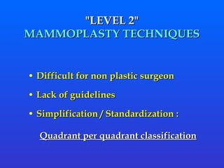 " LEVEL 2 " MAMMOPLASTY TECHNIQUES Difficult for non plastic surgeon  Lack of guidelines  Simplification / Standardization : Quadrant per quadrant classification   