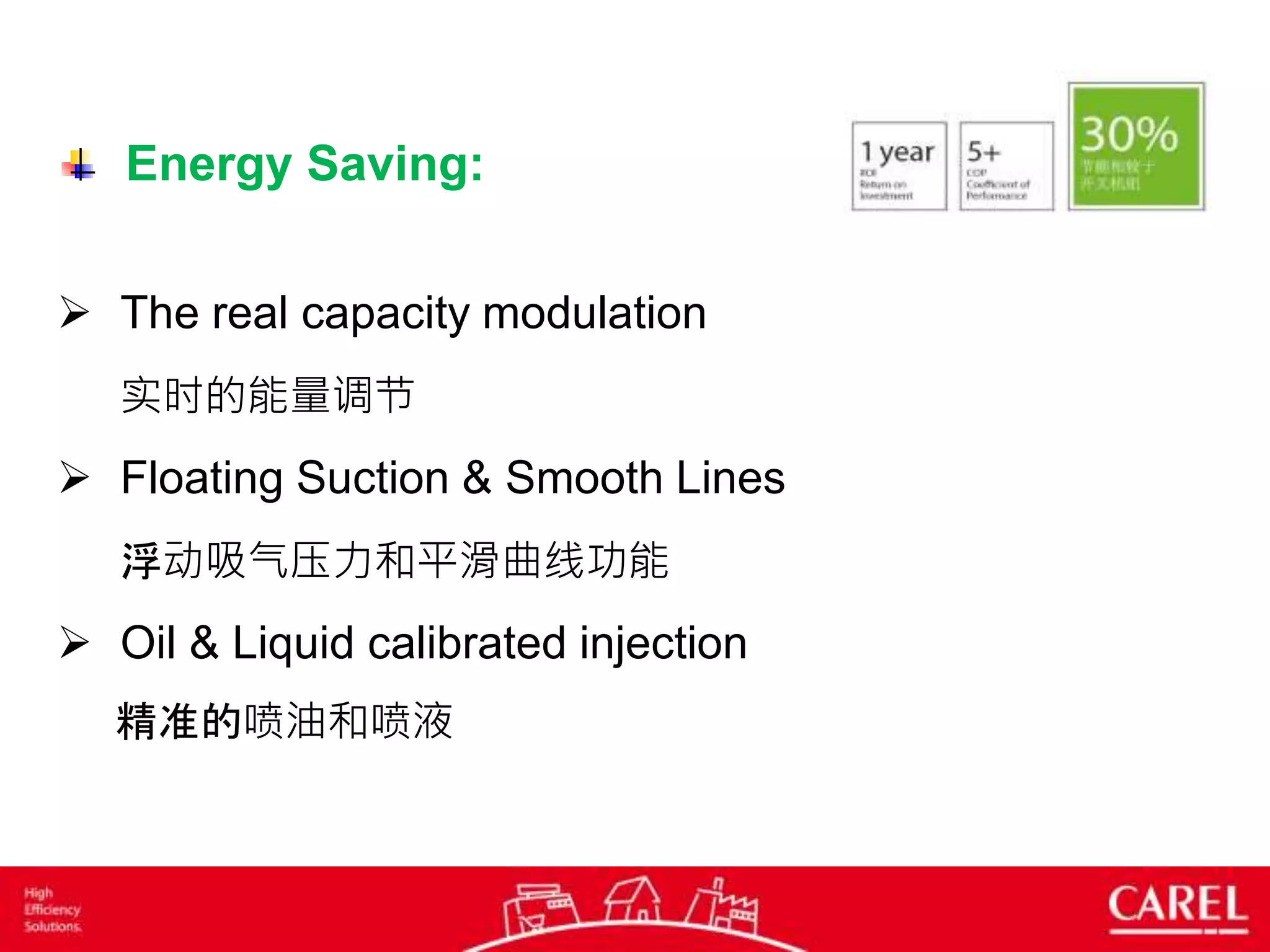 Energy Saving:
 The real capacity modulation
实时的能量调节
 Floating Suction & Smooth Lines
浮动吸气压力和平滑曲线功能
 Oil & Liquid calibrated injection
精准的喷油和喷液
 