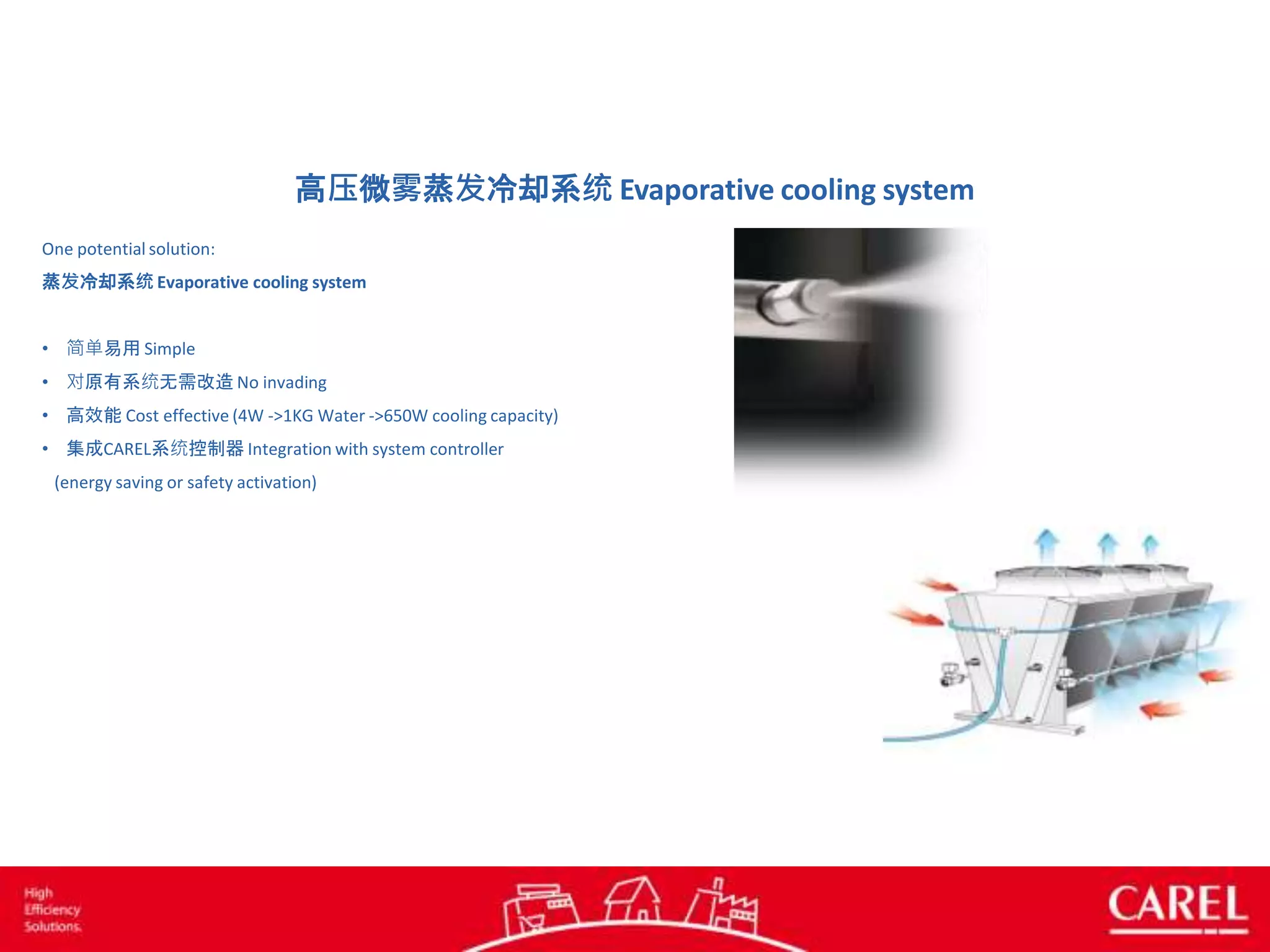 One potential solution:
蒸发冷却系统 Evaporative cooling system
• 简单易用 Simple
• 对原有系统无需改造 No invading
• 高效能 Cost effective (4W ->1KG Water ->650W cooling capacity)
• 集成CAREL系统控制器 Integration with system controller
(energy saving or safety activation)
高压微雾蒸发冷却系统 Evaporative cooling system
 