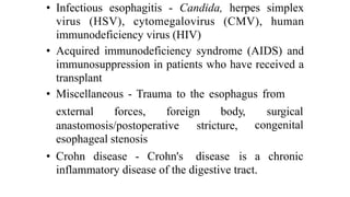 • Infectious esophagitis - Candida, herpes simplex
virus (HSV), cytomegalovirus (CMV), human
immunodeficiency virus (HIV)


• Acquired immunodeficiency syndrome (AIDS) and
immunosuppression in patients who have received a
transplant


• Miscellaneous - Trauma to the esophagus from
external
	
forces,
	
foreign
	
body, surgical
congenital
anastomosis/postoperative
	
stricture,
esophageal stenosis
• Crohn
	
disease
	
-
	
Crohn's
	
disease
	
is
	
a
	
chronic
inflammatory disease of the digestive tract.
 