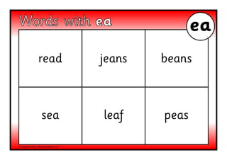 © Copyright 2012, www.sparklebox.co.uk
Words with ea
read jeans beans
sea leaf peas
ea
 
