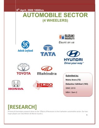 8th April, 2009 1800hrs

                    AUTOMOBILE SECTOR
                                               (4 WHEELERS)




                                                                              Submitted by:

                                                                              Nisha Arora (72)

                                                                              Debankur Adhikari (183)

                                                                              SIMC 2010

                                                                              MBA / Sem 2




[RESEARCH]
[Primary & Secondary research done on the ‘Effects of Recession in the 4 wheelers automobile sector. Our two
major players are Tata Motors & Maruti Suzuki.]
                                                                                                          1
 