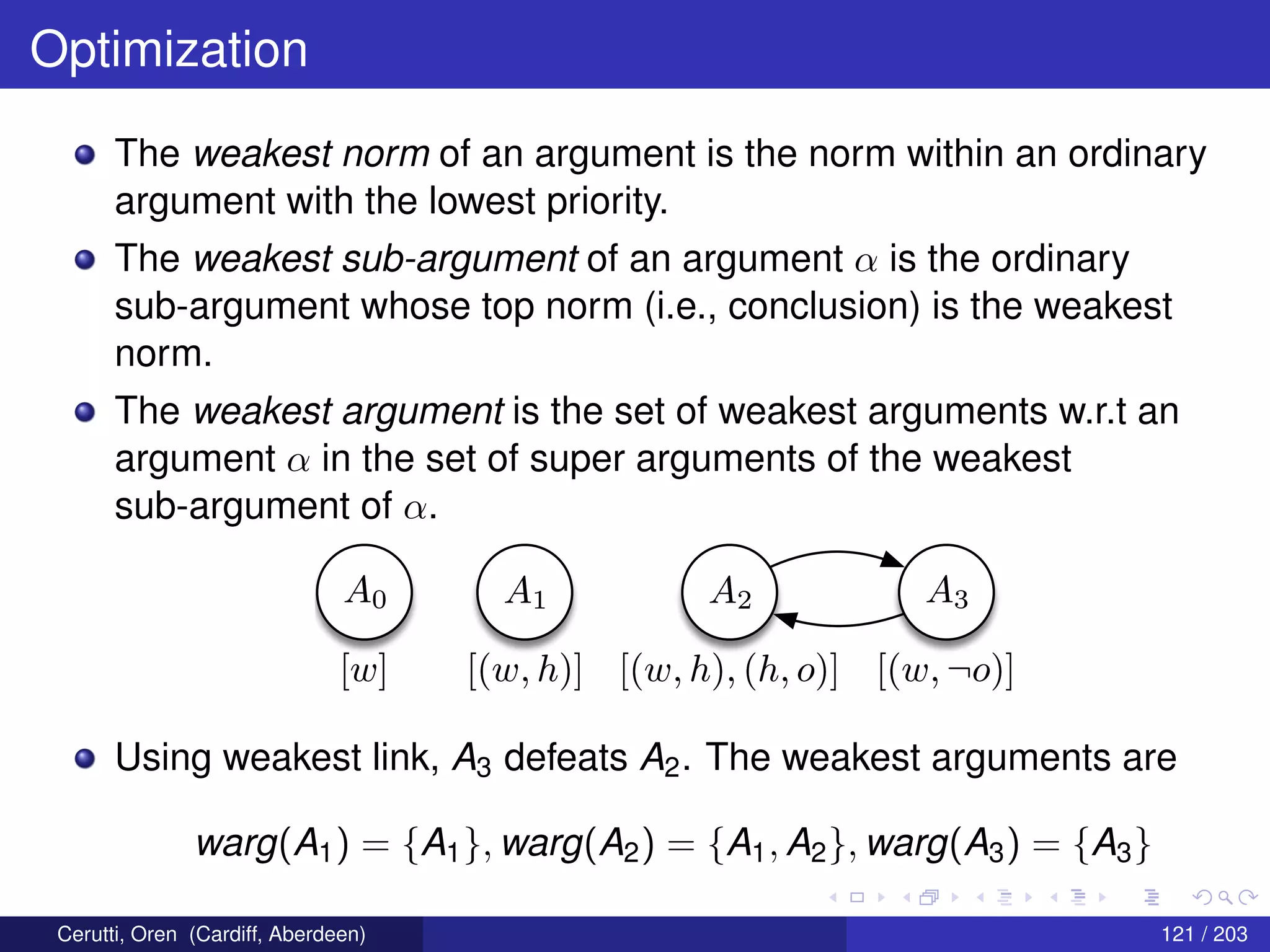 Optimization
The weakest norm of an argument is the norm within an ordinary
argument with the lowest priority.
The weakest sub-argument of an argument α is the ordinary
sub-argument whose top norm (i.e., conclusion) is the weakest
norm.
The weakest argument is the set of weakest arguments w.r.t an
argument α in the set of super arguments of the weakest
sub-argument of α.
A0A0 A1A1 A2A2 A3A3
[w][w] [(w, h)][(w, h)] [(w, h), (h, o)][(w, h), (h, o)] [(w, ¬o)][(w, ¬o)]
Using weakest link, A3 defeats A2. The weakest arguments are
warg(A1) = {A1}, warg(A2) = {A1, A2}, warg(A3) = {A3}
Cerutti, Oren (Cardiff, Aberdeen) 121 / 203
 