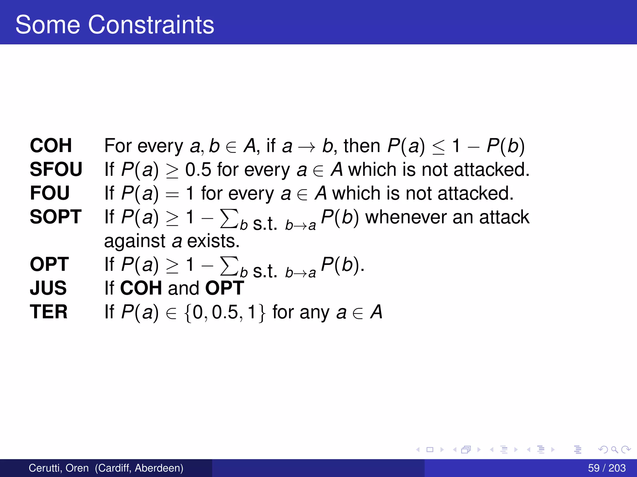 Some Constraints
COH For every a, b ∈ A, if a → b, then P(a) ≤ 1 − P(b)
SFOU If P(a) ≥ 0.5 for every a ∈ A which is not attacked.
FOU If P(a) = 1 for every a ∈ A which is not attacked.
SOPT If P(a) ≥ 1 − b s.t. b→a P(b) whenever an attack
against a exists.
OPT If P(a) ≥ 1 − b s.t. b→a P(b).
JUS If COH and OPT
TER If P(a) ∈ {0, 0.5, 1} for any a ∈ A
Cerutti, Oren (Cardiff, Aberdeen) 59 / 203
 