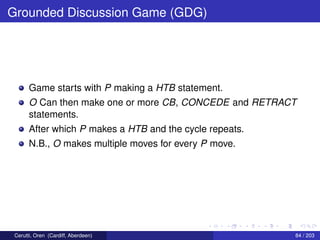 Grounded Discussion Game (GDG)
Game starts with P making a HTB statement.
O Can then make one or more CB, CONCEDE and RETRACT
statements.
After which P makes a HTB and the cycle repeats.
N.B., O makes multiple moves for every P move.
Cerutti, Oren (Cardiff, Aberdeen) 84 / 203
 