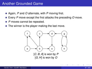 Another Grounded Game
Again, P and O alternate, with P moving ﬁrst.
Every P move except the ﬁrst attacks the preceding O move.
P moves cannot be repeated.
The winner is the player making the last move.
f
a b e h
c d g
[C, B, A] is won by P
[G, H] is won by O
Cerutti, Oren (Cardiff, Aberdeen) 87 / 203
 