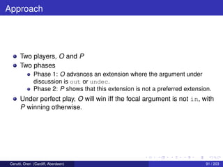 Approach
Two players, O and P
Two phases
Phase 1: O advances an extension where the argument under
discussion is out or undec.
Phase 2: P shows that this extension is not a preferred extension.
Under perfect play, O will win iff the focal argument is not in, with
P winning otherwise.
Cerutti, Oren (Cardiff, Aberdeen) 91 / 203
 