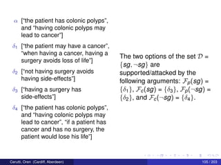 α [“the patient has colonic polyps”,
and “having colonic polyps may
lead to cancer”]
δ1 [“the patient may have a cancer”,
“when having a cancer, having a
surgery avoids loss of life”]
δ2 [“not having surgery avoids
having side-effects”]
δ3 [“having a surgery has
side-effects”]
δ4 [“the patient has colonic polyps”,
and “having colonic polyps may
lead to cancer”, “if a patient has
cancer and has no surgery, the
patient would lose his life”]
The two options of the set D =
{sg, ¬sg} are
supported/attacked by the
following arguments: Fp(sg) =
{δ1}, Fc(sg) = {δ3}, Fp(¬sg) =
{δ2}, and Fc(¬sg) = {δ4}.
Cerutti, Oren (Cardiff, Aberdeen) 105 / 203
 