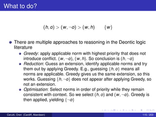 What to do?
(h, o) > (w, ¬o) > (w, h) {w}
There are multiple approaches to reasoning in the Deontic logic
literature
Greedy: apply applicable norm with highest priority that does not
introduce conﬂict. (w, ¬o), (w, h). So conclusion is (h, ¬o)
Reduction: Guess an extension, identify applicable norms and try
them out by applying Greedy. E.g., guessing {h, o} means all
norms are applicable. Greedy gives us the same extension, so this
works. Guessing {h, ¬o} does not appear after applying Greedy, so
not an extension.
Optimisation: Select norms in order of priority while they remain
consistent with context. So we select (h, o) and (w, ¬o). Greedy is
then applied, yielding {¬o}
Cerutti, Oren (Cardiff, Aberdeen) 115 / 203
 