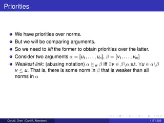 Priorities
We have priorities over norms.
But we will be comparing arguments.
So we need to lift the former to obtain priorities over the latter.
Consider two arguments α = [u1, . . . , un], β = [v1, . . . , vm]
Weakest link: (abusing notation) α w β iff ∃v ∈ βα s.t. ∀u ∈ αβ
v ≤ u. That is, there is some norm in β that is weaker than all
norms in α
Cerutti, Oren (Cardiff, Aberdeen) 117 / 203
 