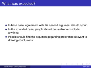 What was expected?
In base case, agreement with the second argument should occur.
In the extended case, people should be unable to conclude
anything.
People should ﬁnd the argument regarding preference relevant to
drawing conclusions.
Cerutti, Oren (Cardiff, Aberdeen) 157 / 203
 