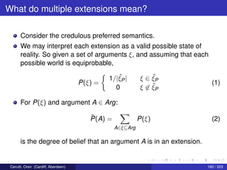 What do multiple extensions mean?
Consider the credulous preferred semantics.
We may interpret each extension as a valid possible state of
reality. So given a set of arguments ξ, and assuming that each
possible world is equiprobable,
P(ξ) =
1/|ˆξP| ξ ∈ ˆξP
0 ξ ∈ ˆξP
(1)
For P(ξ) and argument A ∈ Arg:
ˆP(A) =
A∈ξ⊆Arg
P(ξ) (2)
is the degree of belief that an argument A is in an extension.
Cerutti, Oren (Cardiff, Aberdeen) 160 / 203
 