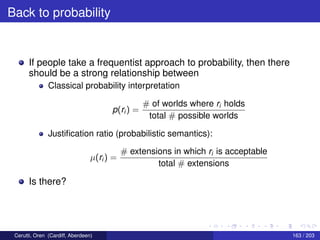 Back to probability
If people take a frequentist approach to probability, then there
should be a strong relationship between
Classical probability interpretation
p(ri ) =
# of worlds where ri holds
total # possible worlds
Justiﬁcation ratio (probabilistic semantics):
µ(ri ) =
# extensions in which ri is acceptable
total # extensions
Is there?
Cerutti, Oren (Cardiff, Aberdeen) 163 / 203
 