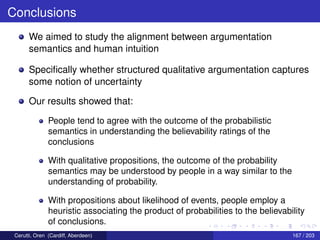 Conclusions
We aimed to study the alignment between argumentation
semantics and human intuition
Speciﬁcally whether structured qualitative argumentation captures
some notion of uncertainty
Our results showed that:
People tend to agree with the outcome of the probabilistic
semantics in understanding the believability ratings of the
conclusions
With qualitative propositions, the outcome of the probability
semantics may be understood by people in a way similar to the
understanding of probability.
With propositions about likelihood of events, people employ a
heuristic associating the product of probabilities to the believability
of conclusions.
Cerutti, Oren (Cardiff, Aberdeen) 167 / 203
 