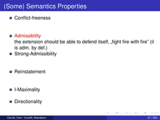 (Some) Semantics Properties
Conﬂict-freeness
Admissibility
the extension should be able to defend itself, „ﬁght ﬁre with ﬁre” (∅
is adm. by def.)
Strong-Admissibility
Reinstatement
I-Maximality
Directionality
Cerutti, Oren (Cardiff, Aberdeen) 27 / 203
 