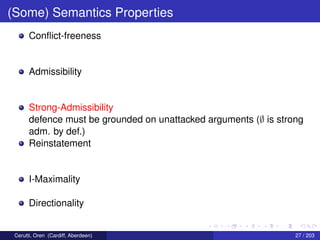 (Some) Semantics Properties
Conﬂict-freeness
Admissibility
Strong-Admissibility
defence must be grounded on unattacked arguments (∅ is strong
adm. by def.)
Reinstatement
I-Maximality
Directionality
Cerutti, Oren (Cardiff, Aberdeen) 27 / 203
 