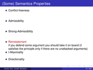 (Some) Semantics Properties
Conﬂict-freeness
Admissibility
Strong-Admissibility
Reinstatement
if you defend some argument you should take it on board (∅
satisﬁes the principle only if there are no unattacked arguments)
I-Maximality
Directionality
Cerutti, Oren (Cardiff, Aberdeen) 27 / 203
 