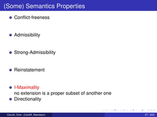 (Some) Semantics Properties
Conﬂict-freeness
Admissibility
Strong-Admissibility
Reinstatement
I-Maximality
no extension is a proper subset of another one
Directionality
Cerutti, Oren (Cardiff, Aberdeen) 27 / 203
 