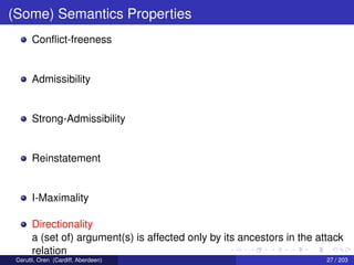 (Some) Semantics Properties
Conﬂict-freeness
Admissibility
Strong-Admissibility
Reinstatement
I-Maximality
Directionality
a (set of) argument(s) is affected only by its ancestors in the attack
relation
Cerutti, Oren (Cardiff, Aberdeen) 27 / 203
 