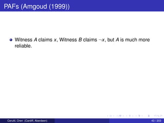 PAFs (Amgoud (1999))
Witness A claims x, Witness B claims ¬x, but A is much more
reliable.
Cerutti, Oren (Cardiff, Aberdeen) 43 / 203
 