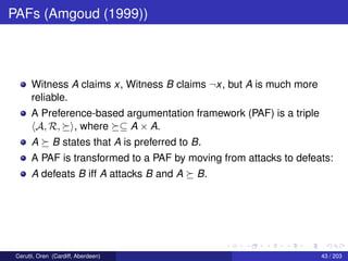PAFs (Amgoud (1999))
Witness A claims x, Witness B claims ¬x, but A is much more
reliable.
A Preference-based argumentation framework (PAF) is a triple
A, R, , where ⊆ A × A.
A B states that A is preferred to B.
A PAF is transformed to a PAF by moving from attacks to defeats:
A defeats B iff A attacks B and A B.
Cerutti, Oren (Cardiff, Aberdeen) 43 / 203
 