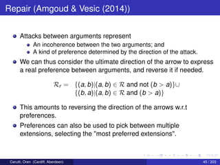 Repair (Amgoud & Vesic (2014))
Attacks between arguments represent
An incoherence between the two arguments; and
A kind of preference determined by the direction of the attack.
We can thus consider the ultimate direction of the arrow to express
a real preference between arguments, and reverse it if needed.
Rr = {(a, b)|(a, b) ∈ R and not (b > a)}∪
{(b, a)|(a, b) ∈ R and (b > a)}
This amounts to reversing the direction of the arrows w.r.t
preferences.
Preferences can also be used to pick between multiple
extensions, selecting the "most preferred extensions".
Cerutti, Oren (Cardiff, Aberdeen) 45 / 203
 