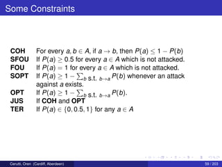 Some Constraints
COH For every a, b ∈ A, if a → b, then P(a) ≤ 1 − P(b)
SFOU If P(a) ≥ 0.5 for every a ∈ A which is not attacked.
FOU If P(a) = 1 for every a ∈ A which is not attacked.
SOPT If P(a) ≥ 1 − b s.t. b→a P(b) whenever an attack
against a exists.
OPT If P(a) ≥ 1 − b s.t. b→a P(b).
JUS If COH and OPT
TER If P(a) ∈ {0, 0.5, 1} for any a ∈ A
Cerutti, Oren (Cardiff, Aberdeen) 59 / 203
 