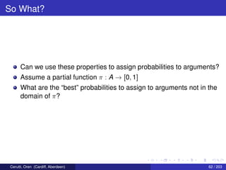 So What?
Can we use these properties to assign probabilities to arguments?
Assume a partial function π : A → [0, 1]
What are the “best” probabilities to assign to arguments not in the
domain of π?
Cerutti, Oren (Cardiff, Aberdeen) 62 / 203
 