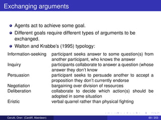Exchanging arguments
Agents act to achieve some goal.
Different goals require different types of arguments to be
exchanged.
Walton and Krabbe’s (1995) typology:
Information-seeking participant seeks answer to some question(s) from
another participant, who knows the answer
Inquiry participants collaborate to answer a question (whose
answer they don’t know
Persuasion participant seeks to persuade another to accept a
proposition they don’t currently endorse
Negotiation bargaining over division of resources
Deliberation collaborate to decide which action(s) should be
adopted in some situation
Eristic verbal quarrel rather than physical ﬁghting
Cerutti, Oren (Cardiff, Aberdeen) 69 / 203
 