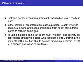 Where are we?
Dialogue games describe a protocol by which discussion can take
place.
In the context of argumentation, such a protocol usually involves
adding, removing or deleting arguments from agent commitment
stores to achieve some goal.
To use a dialogue game, an agent must (typically) also identify an
appropriate strategy to decide what locution to utter, and what the
contents of the locution should be (see for example Thimm (2014)
for a deeper discussion of this topic).
Cerutti, Oren (Cardiff, Aberdeen) 74 / 203
 