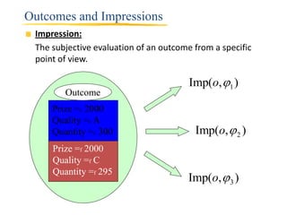 Outcomes and Impressions
 Impression:
 The subjective evaluation of an outcome from a specific
 point of view.

                                        Imp(o, 1 )
        Outcome
     Prize =c 2000
     Quality =c A
     Quantity =c 300                     Imp(o,  2 )
     Prize =f 2000
     Quality =f C
     Quantity =f 295
                                       Imp(o,  3 )
 