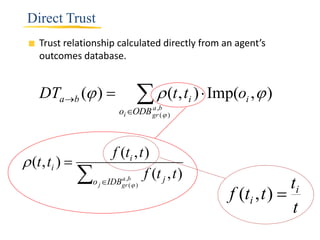 Direct Trust
   Trust relationship calculated directly from an agent’s
   outcomes database.


    DTa b ( )                (t , t )  Imp(o ,  )
                                         i          i
                      oi ODB gr,b )
                              a
                                 (




                   f (ti , t )
 (t , ti ) 
              o IDBa ,b f (t j , t )
                       gr (  )                               ti
                                                f (ti , t ) 
                  j



                                                              t
 