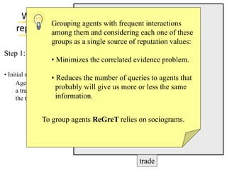 Witness                              u7
            Grouping agents with frequent interactions
    reputation them and considering each one of these
            among
                groups as a single source of reputation values:
Step 1: Identifying                              u6
                • Minimizes u3 correlated evidence problem.
        the witnesses       the
• Initial set of witnesses:                   u2             u8
                     • Reduces the number of queries to agents that
     Agents that have had
                       probably will give us more or less the same
     a trade Relation with
     the target agent information.               b2
                                                #
             To group agents ReGreT relies on sociograms.
                                 u5
                                                    u4




                                                trade
 