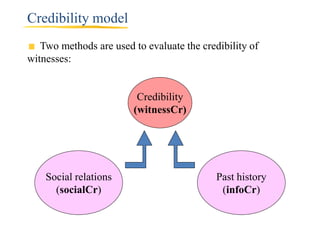 Credibility model
   Two methods are used to evaluate the credibility of
witnesses:


                         Credibility
                        (witnessCr)




    Social relations                        Past history
      (socialCr)                             (infoCr)
 
