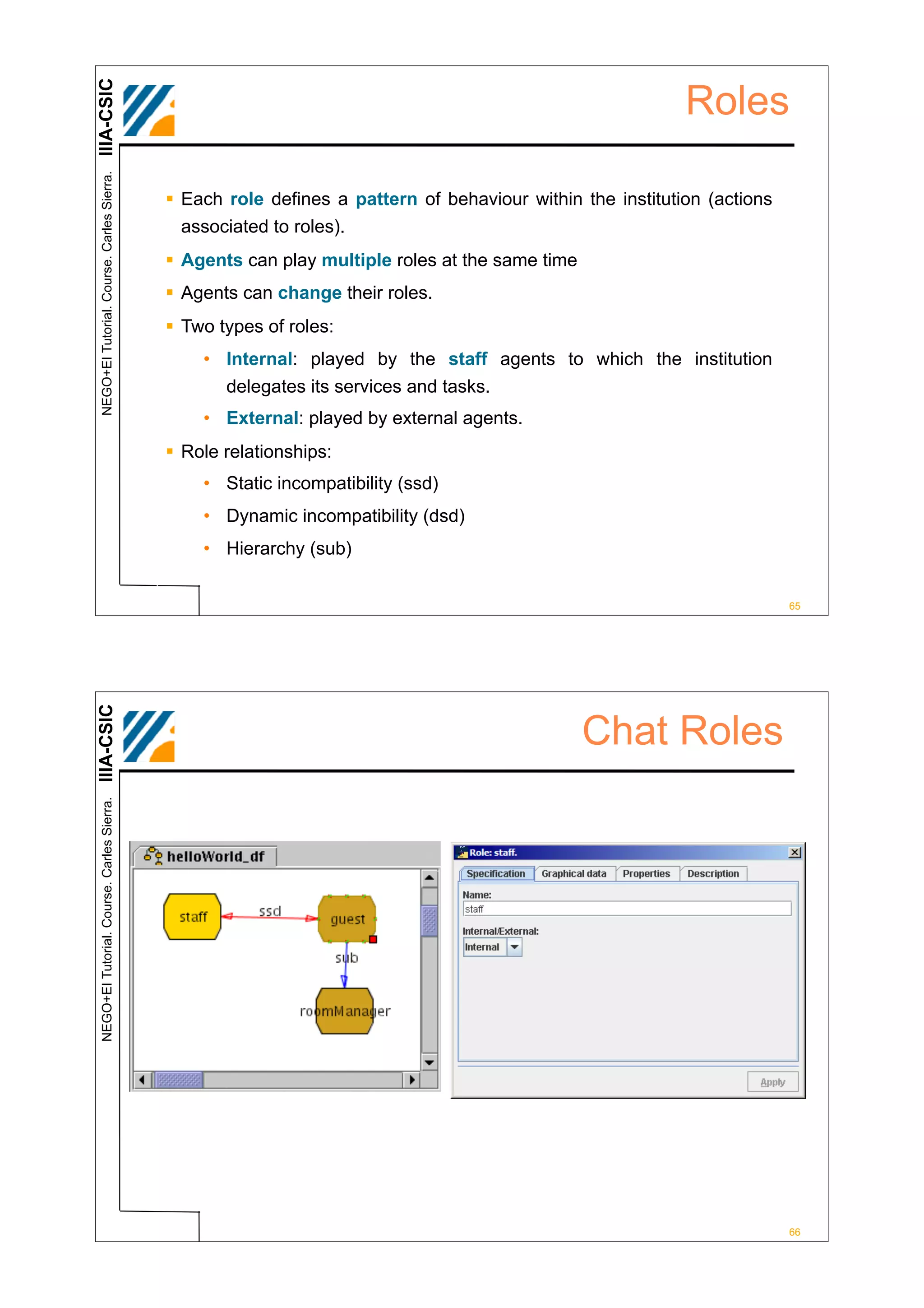 IIIA-CSIC
 NEGO+EI Tutorial. Course. Carles Sierra.                                                                  Roles

                                            ! Each role defines a pattern of behaviour within the institution (actions
                                              associated to roles).
                                            ! Agents can play multiple roles at the same time
                                            ! Agents can change their roles.
                                            ! Two types of roles:
                                                • Internal: played by the staff agents to which the institution
                                                   delegates its services and tasks.
                                                • External: played by external agents.
                                            ! Role relationships:
                                                • Static incompatibility (ssd)
                                                • Dynamic incompatibility (dsd)
                                                • Hierarchy (sub)


                                                                                                                         65
IIIA-CSIC




                                                                                                Chat Roles
 NEGO+EI Tutorial. Course. Carles Sierra.




                                                                                                                         66
 