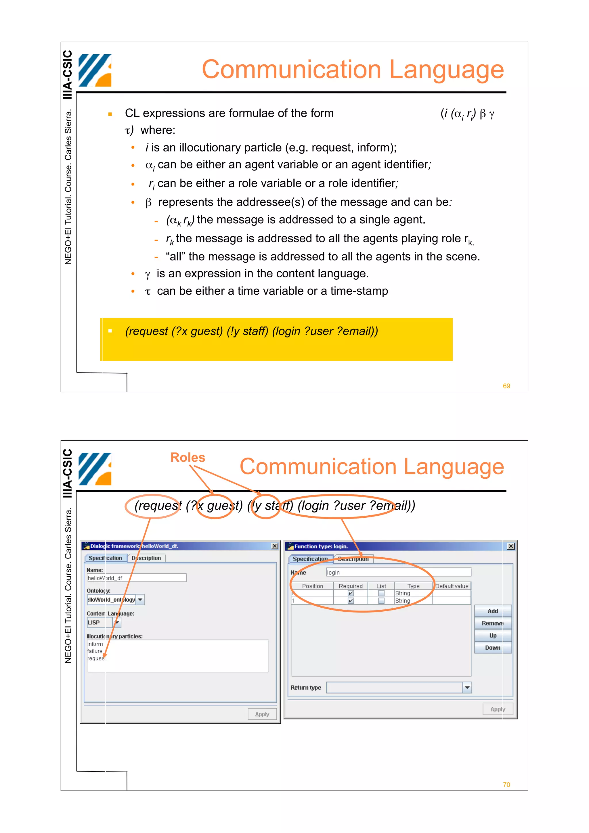 IIIA-CSIC
                                                                Communication Language
                                            !   CL expressions are formulae of the form                       (i (!i ri) " #
 NEGO+EI Tutorial. Course. Carles Sierra.




                                                $) where:
                                                 • i is an illocutionary particle (e.g. request, inform);
                                                 • !i can be either an agent variable or an agent identifier;
                                                 •   ri can be either a role variable or a role identifier;
                                                 • " represents the addressee(s) of the message and can be:
                                                    - (!k rk) the message is addressed to a single agent.
                                                     - rk the message is addressed to all the agents playing role rk.
                                                     - “all” the message is addressed to all the agents in the scene.
                                                 • # is an expression in the content language.
                                                 • $ can be either a time variable or a time-stamp


                                            !   (request (?x guest) (!y staff) (login ?user ?email))



                                                                                                                               69
IIIA-CSIC




                                                         Roles
                                                                        Communication Language
                                                 (request (?x guest) (!y staff) (login ?user ?email))
 NEGO+EI Tutorial. Course. Carles Sierra.




                                                                                                                               70
 